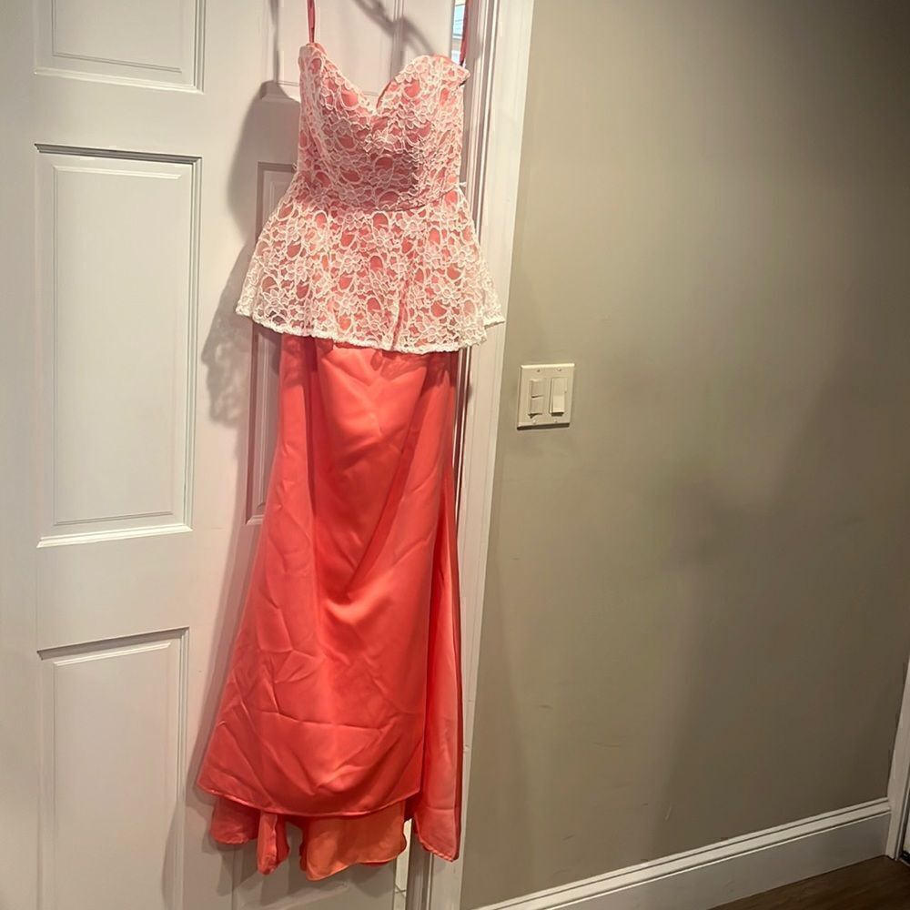 Mori Lee Coral Bridesmaid Dress with Lace Peplum top